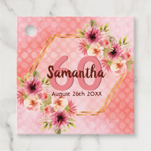 60th birthday party coral gold flowers Thank You Favour Tags
