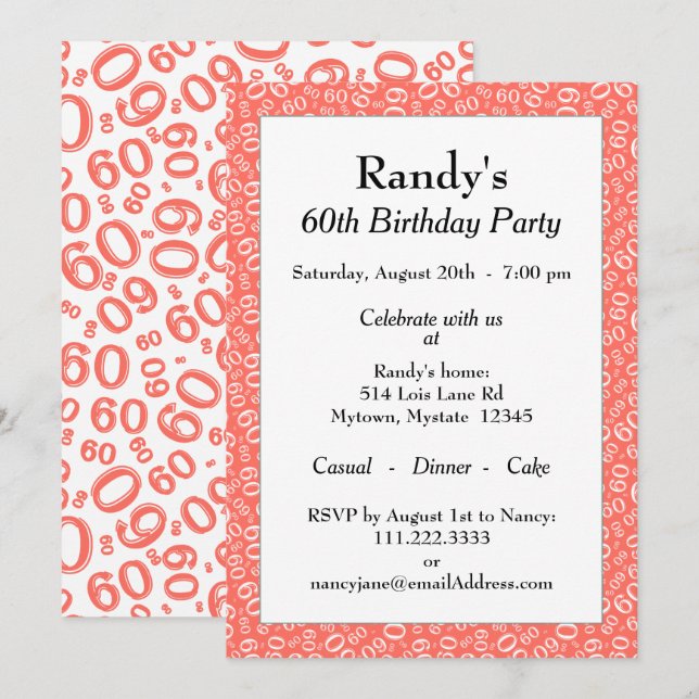 60th Birthday Party Coral/White Number Pattern Invitation (Front/Back)