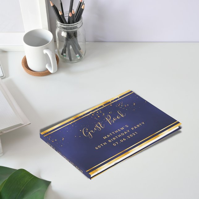 60th Birthday Party dark blue gold confetti Guest Book (Creator Uploaded)