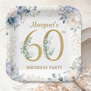 60th Birthday Party Dusty Blue Peony Gold Paper Plate