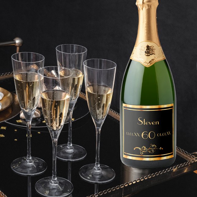 60th birthday party elegant black and gold sparkling wine label (Creator Uploaded)