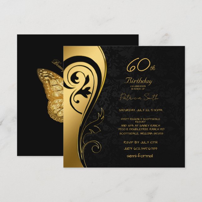 60th Birthday Party Elegant Black & Gold Swirls   Invitation (Front/Back)