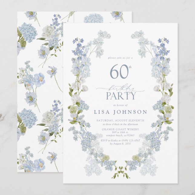 60th Birthday Party Elegant Dusty Blue Floral Invitation (Front/Back)