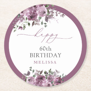 60th Birthday Party Elegant Purple Roses Round Paper Coaster