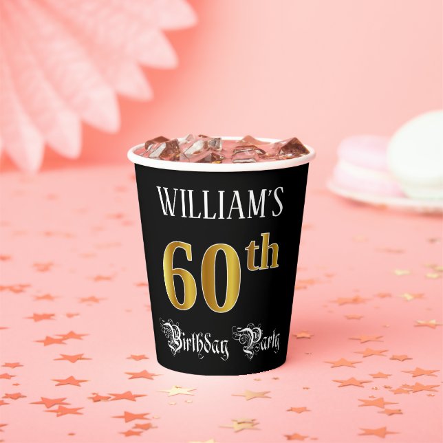 60th Birthday Party — Fancy Script, Faux Gold Look Paper Cups (Insitu)