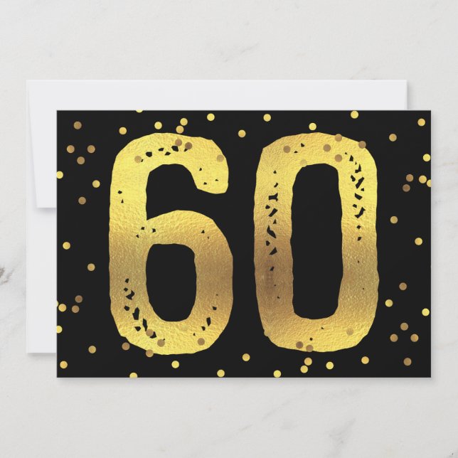 60th Birthday Party Faux Gold Foil Confetti Black Invitation (Front)