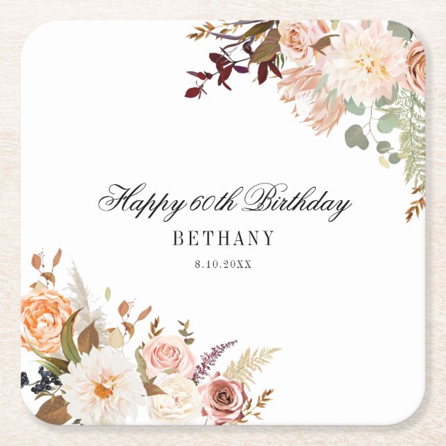 60th Birthday Party Favours Custom Floral Square Paper Coaster (Front)