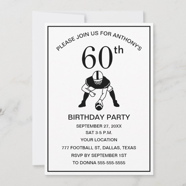 60th Birthday Party Football Black Dad Sport Invitation (Front)