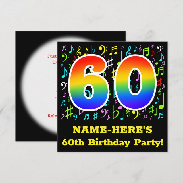 60th Birthday Party: Fun Music Symbols, Rainbow 60 Invitation (Front/Back)