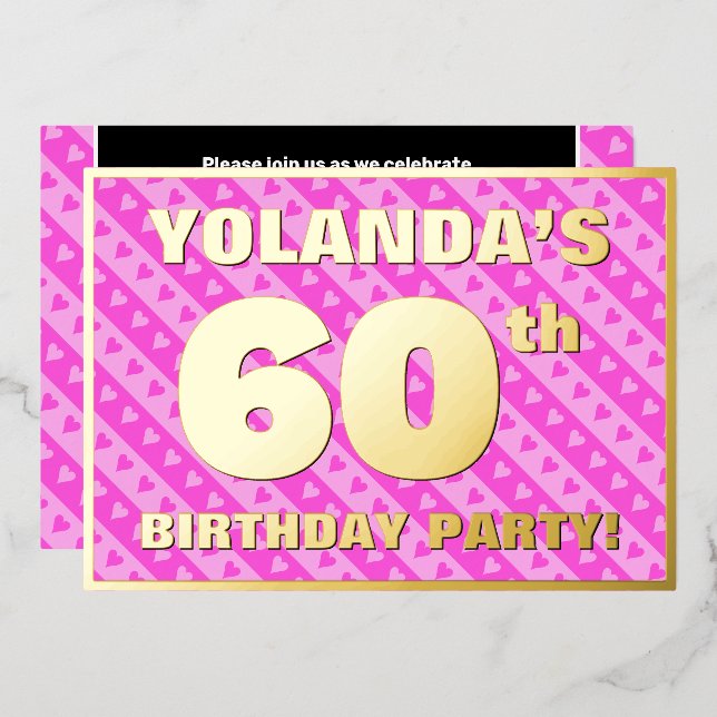 60th Birthday Party — Fun Pink Hearts and Stripes (Front/Back)