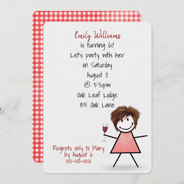 60th Birthday Party Girl with Wine Invitation (Front/Back)
