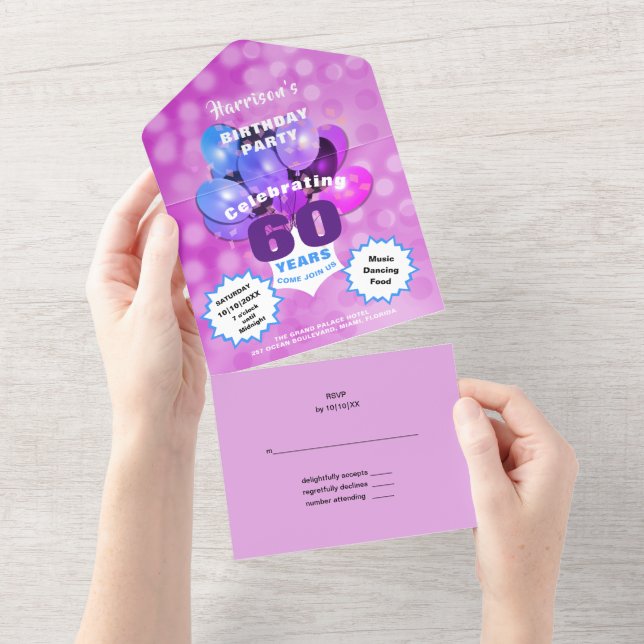 60th Birthday Party Glam Sparkle Glitz Purple Blue All In One Invitation (Tearaway)