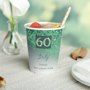 60th Birthday Party Gleaming Green Glitter Paper Cups