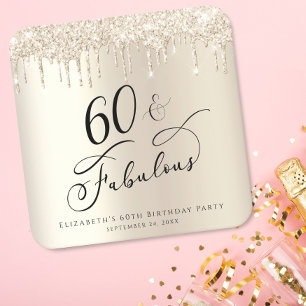 60th Birthday Party Glitter Gold Square Paper Coaster