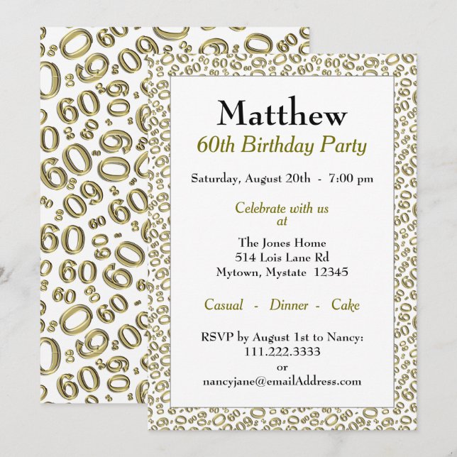 60th Birthday Party Gold and White Number Pattern Invitation (Front/Back)