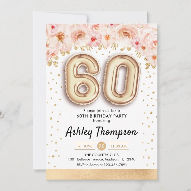60th Birthday Party - Gold Balloons Invitation (Front)