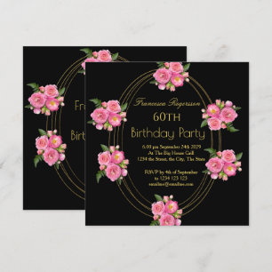 60th Birthday Party Gold Black Pink Flowers  Invitation