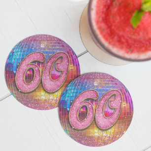60th Birthday Party Gold Pink Glitter Disco Ball Round Paper Coaster