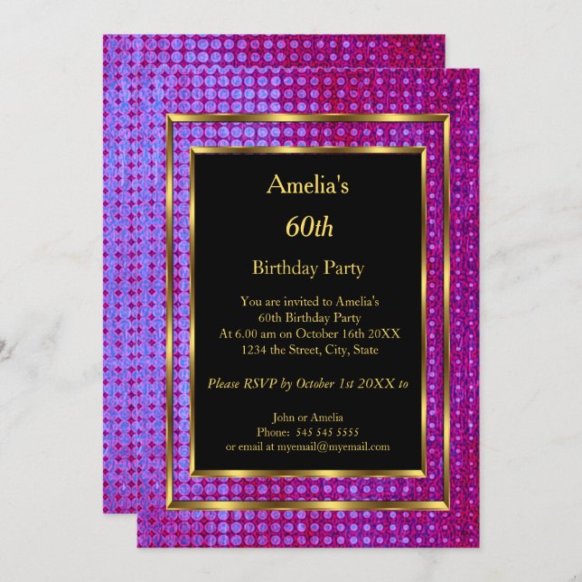 60th Birthday Party Gold  Purple Black Invitation (Front/Back)