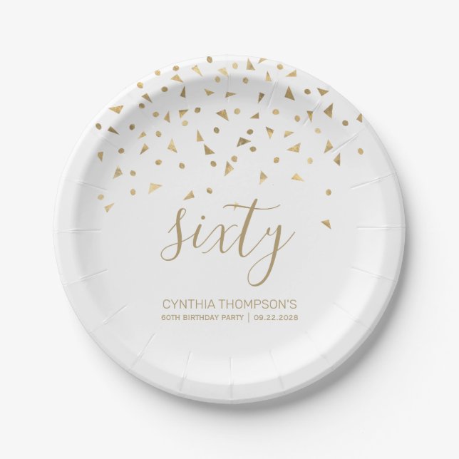 60th Birthday Party Gold Triangle Confetti White Paper Plate (Front)