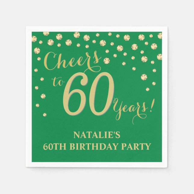 60th Birthday Party Green and Gold Diamond Napkins (Front)