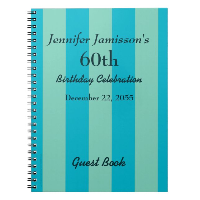 60th Birthday Party Guest Book Blue & Green Stripe (Front)