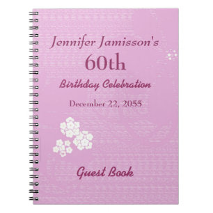 60th Birthday Party Guest Book Pink, White Floral 