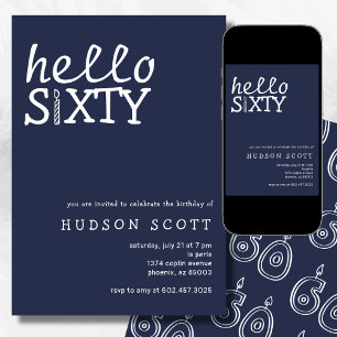  60th Birthday Party Hello Sixty Modern Navy Blue Invitation