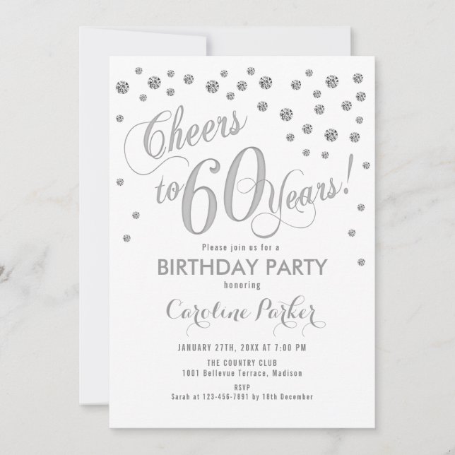 60th Birthday Party Invitation - Silver White (Front)