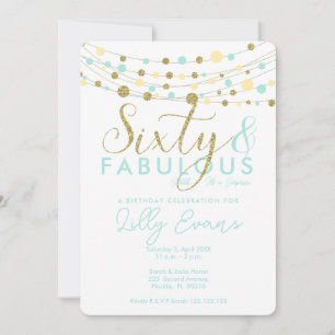 60th birthday party invitation, teal aqua and gold invitation