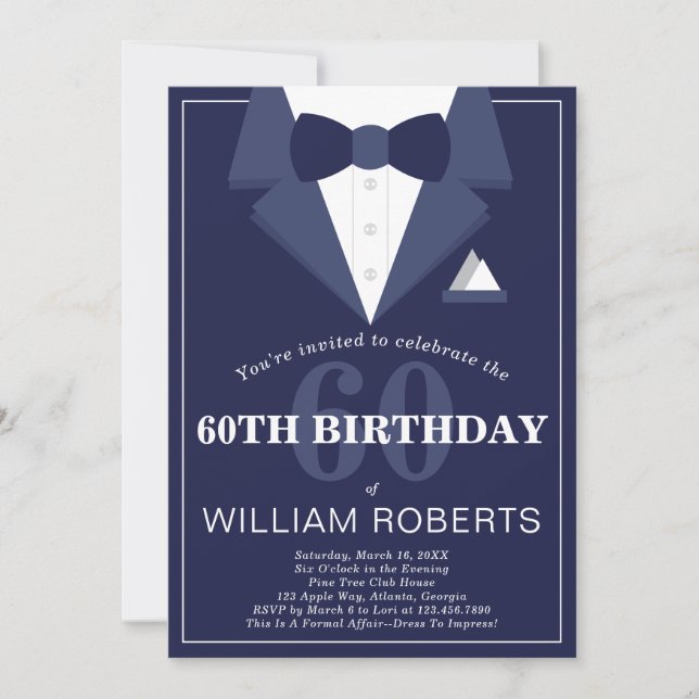 60th Birthday Party Invitation, Tuxedo Invitation (Front)