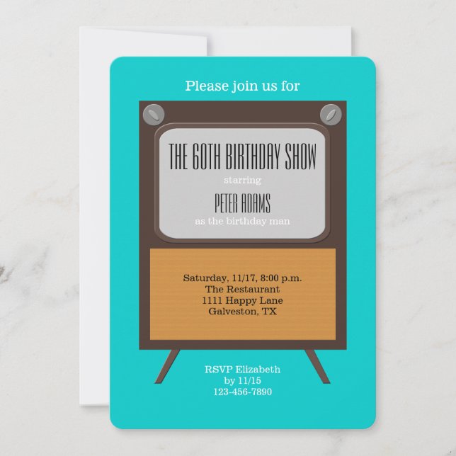 60th Birthday Party Invitation TV on Blue (Front)
