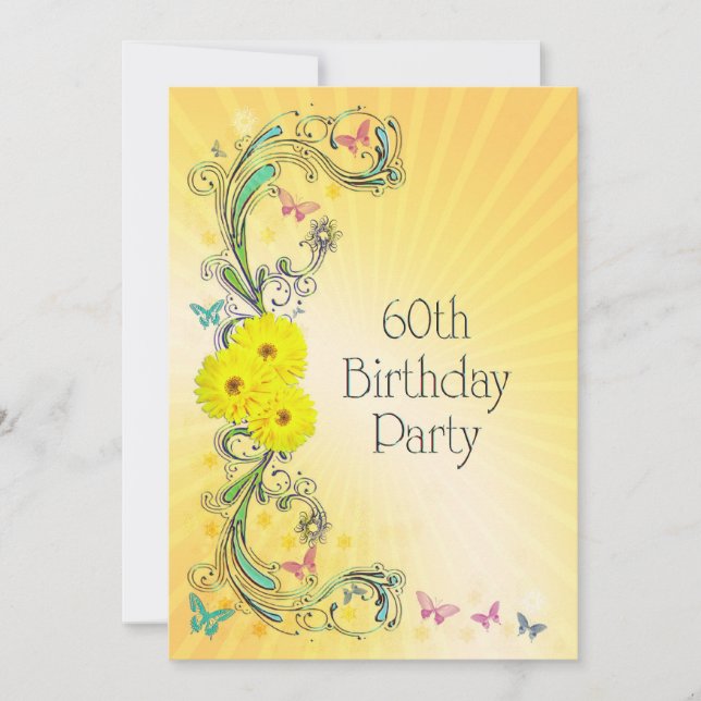60th Birthday party Invitation with yellow flower (Front)