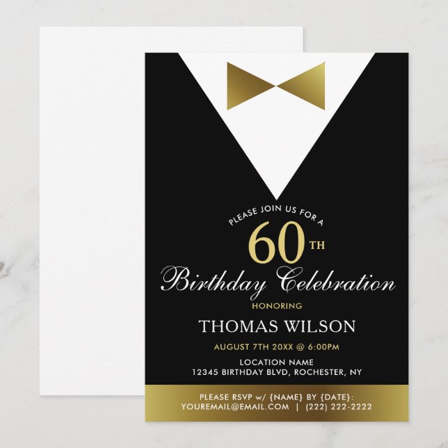 60th Birthday Party Invitations Black Gold Tuxedo (Front/Back)