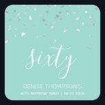 60th Birthday Party Mint Green Silver Confetti Square Sticker<br><div class="desc">Help her celebrate her 60th birthday in style with this simple but elegant design, featuring faux silver triangular confetti sifting down on the word "sixty" in white handwriting font on a mint green background. Personalize it with the name of the honoree in white sans serif font, along with the occasion...</div>