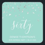 60th Birthday Party Mint Green Silver Confetti Square Sticker<br><div class="desc">Help her celebrate her 60th birthday in style with this simple but elegant design, featuring faux silver triangular confetti sifting down on the word "sixty" in white handwriting font on a mint green background. Personalize it with the name of the honoree in white sans serif font, along with the occasion...</div>