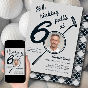 60th Birthday Party Modern Golf Putter Photo Black Invitation
