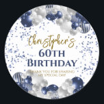 60th Birthday Party Navy Balloons Classic Round Sticker<br><div class="desc">A gorgeous 60th birthday party or celebration favour sticker. This fabulous navy blue and silver balloons design is the perfect  way to decorate your favour bags for a 60th celebration or sixtieth party.</div>