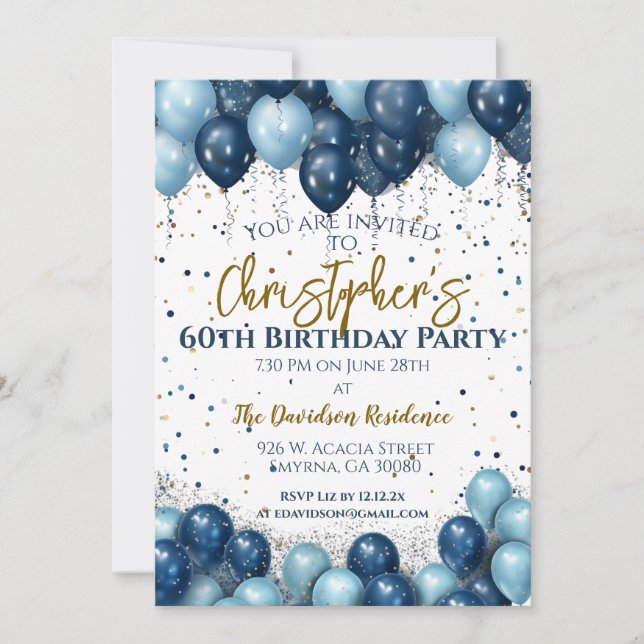 60th Birthday Party Navy Balloons Invitation (Front)