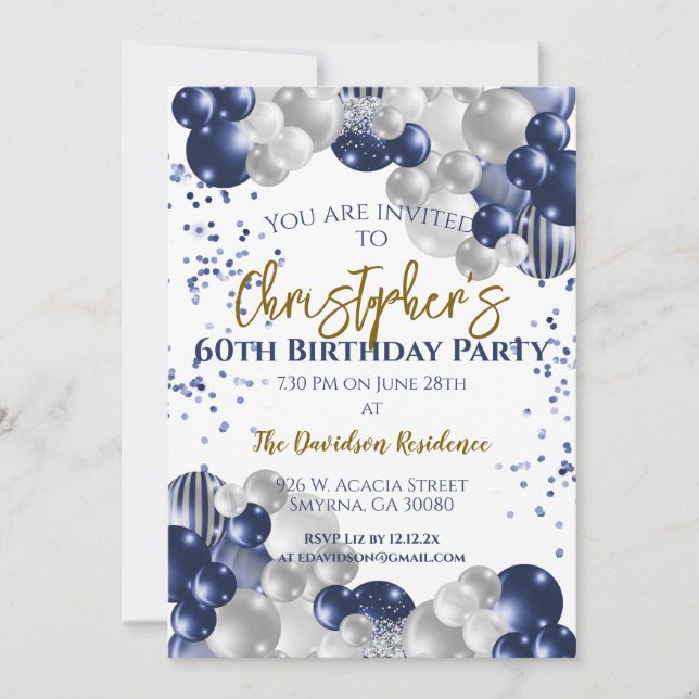 60th Birthday Party Navy Balloons Invitation (Front)