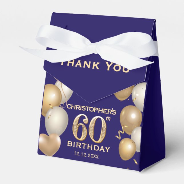 60th Birthday Party Navy Blue and Gold Balloons Favor Box (Front Side)