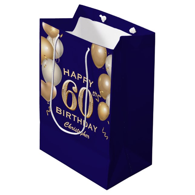 60th Birthday Party Navy Blue and Gold Balloons Medium Gift Bag (Front Angled)