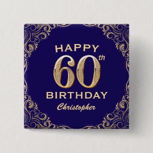 60th Birthday Party Navy Blue and Gold Glitter 2 Inch Square Button