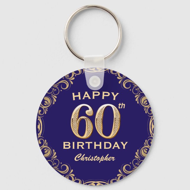 60th Birthday Party Navy Blue and Gold Glitter Keychain (Front)
