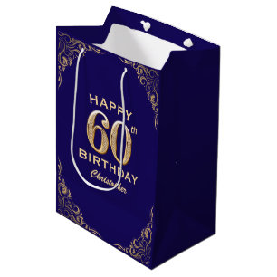 60th Birthday Party Navy Blue and Gold Glitter Medium Gift Bag