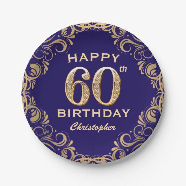 60th Birthday Party Navy Blue and Gold Glitter Paper Plate (Front)