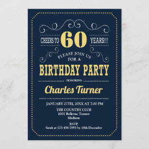 60th Birthday Party - Navy Gold Invitation