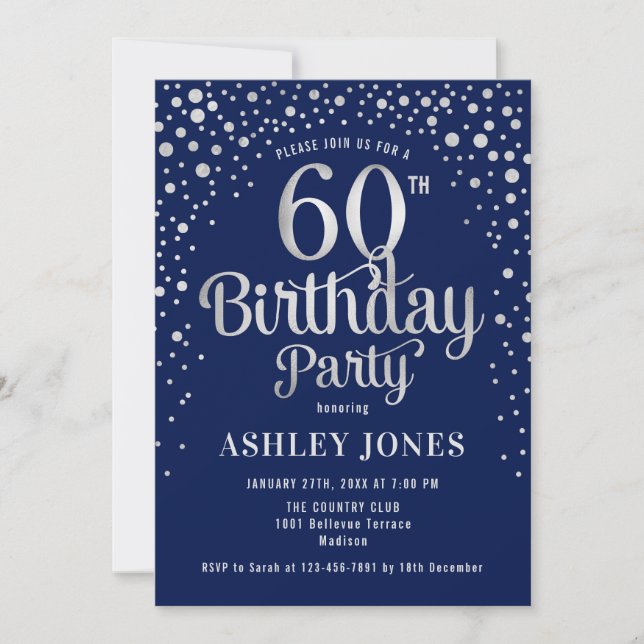 60th Birthday Party - Navy & Silver Invitation (Front)