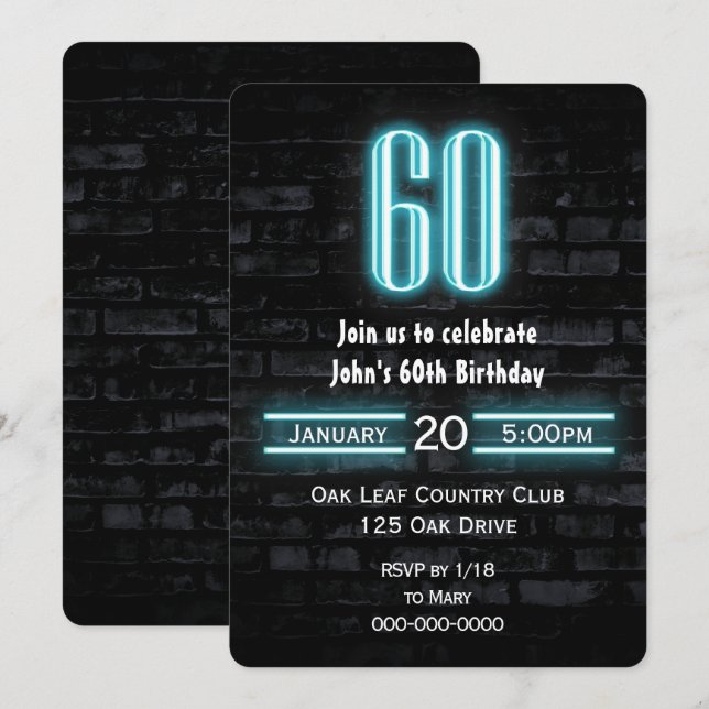 60th Birthday Party Neon Sign on Brick  Invitation (Front/Back)
