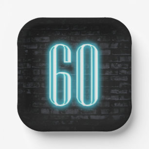 60th Birthday Party Neon Sign on Brick Paper Plate